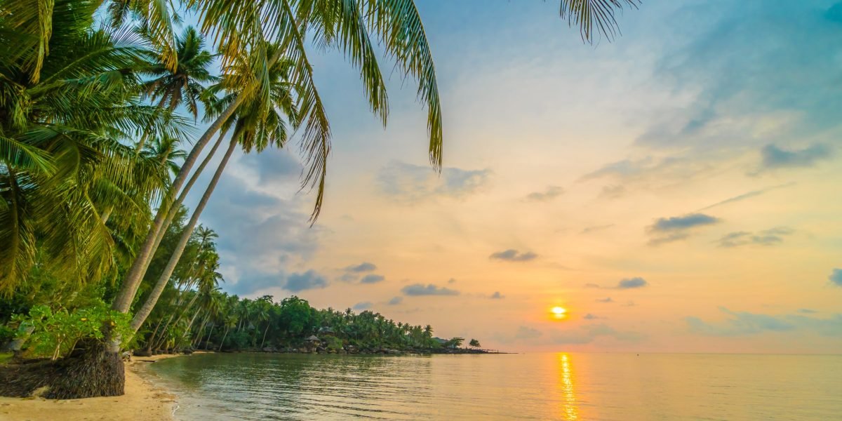 Beautiful paradise island with beach and sea around coconut palm tree at sunset time - Holiday Vacation and Travel concept