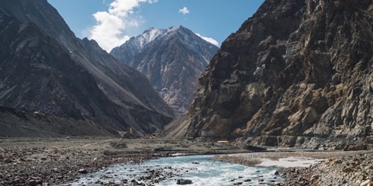 mountain and river and blue sky in Leh Ladakh, India